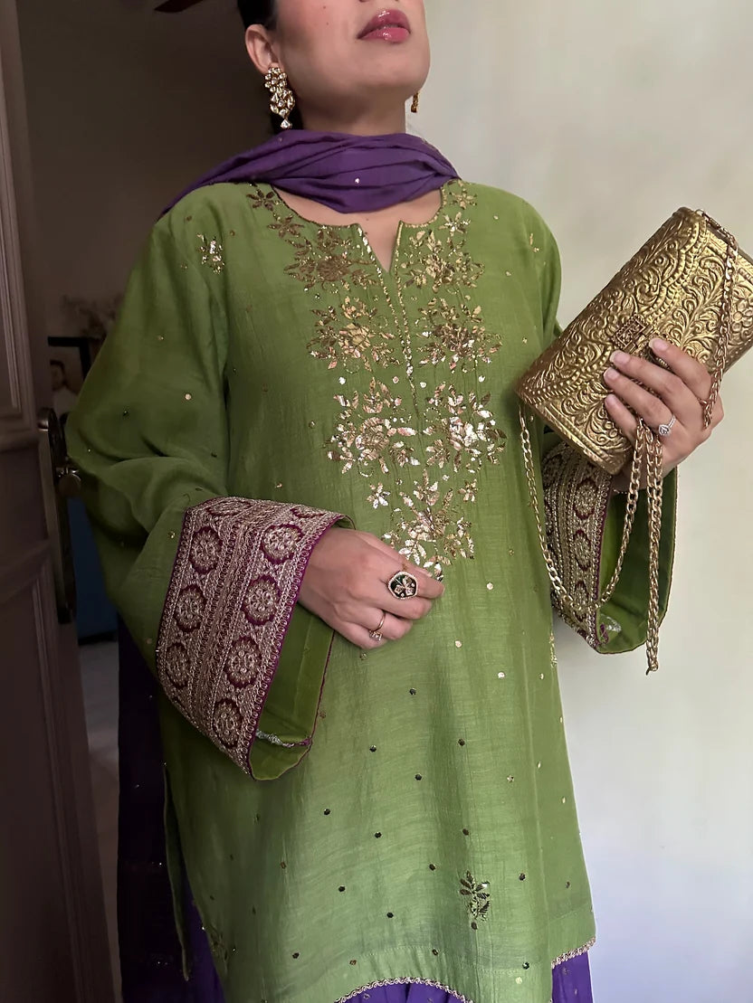 Haya Green Mukaish Hand embroidered Set