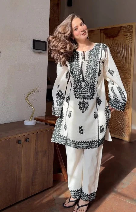 Aarika Ivory Black Embroidered Cotton Kurta Set