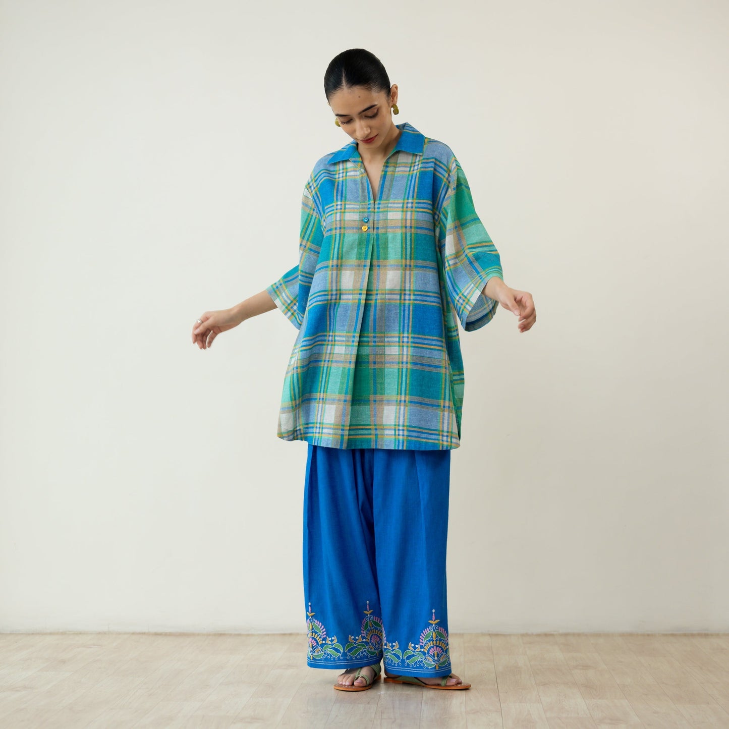 Zoya Blue Plaid Cotton Co-ord Set with Embroidered Palazzo