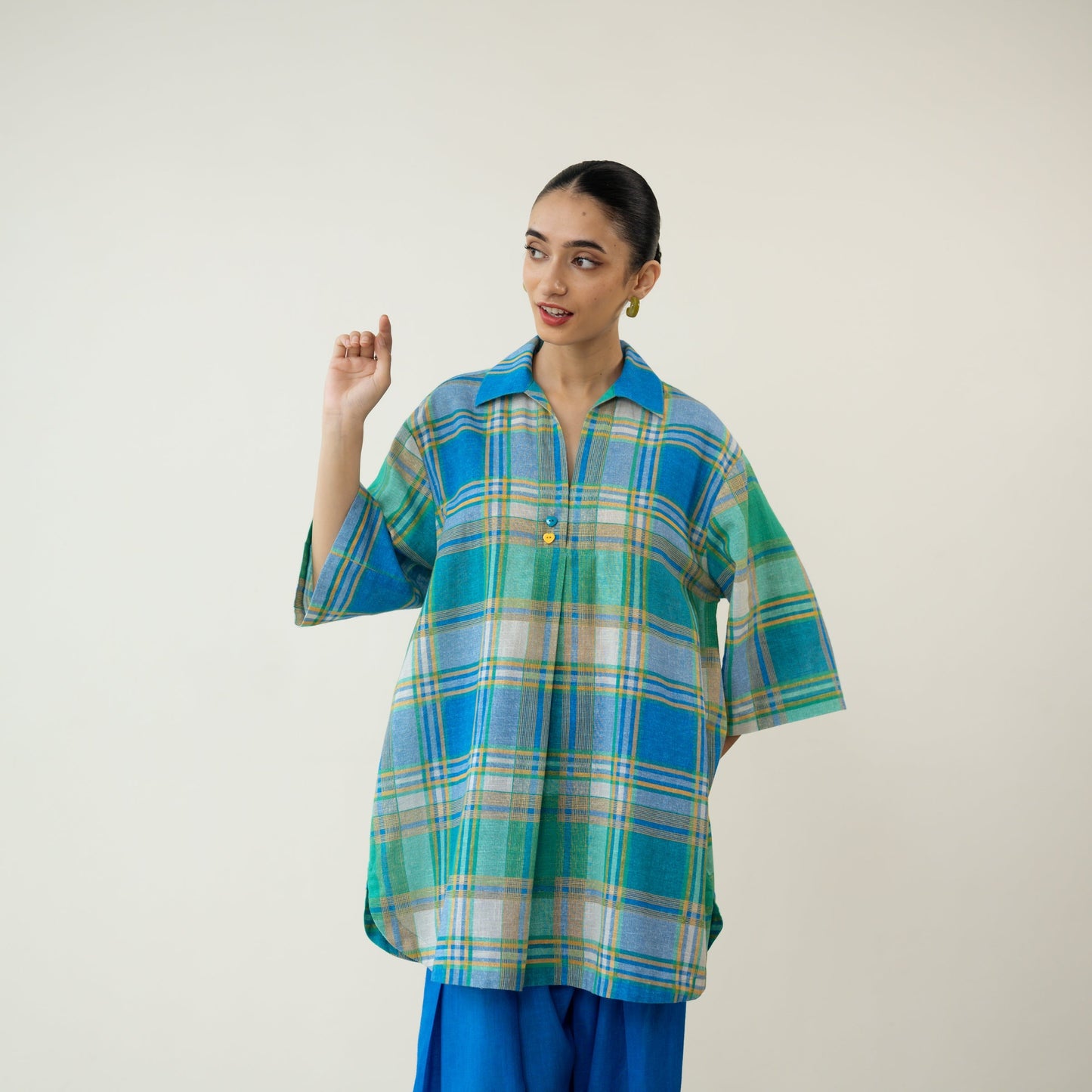 Zoya Blue Plaid Cotton Co-ord Set with Embroidered Palazzo