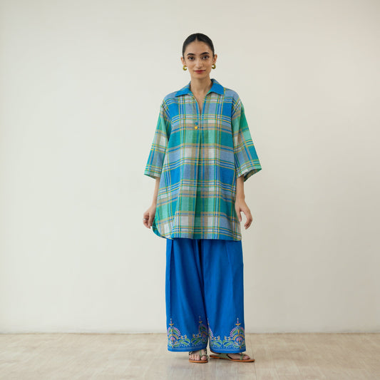 Zoya Blue Plaid Cotton Co-ord Set with Embroidered Palazzo
