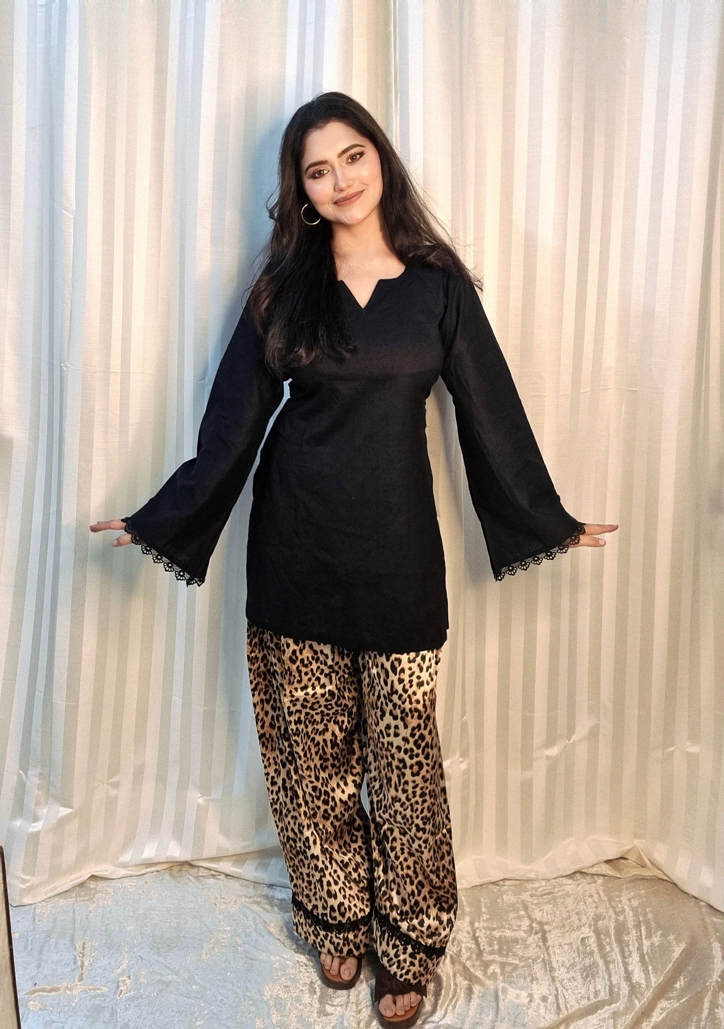 Aaliya Black Lace Kurta with Leopard Print Palazzo Set