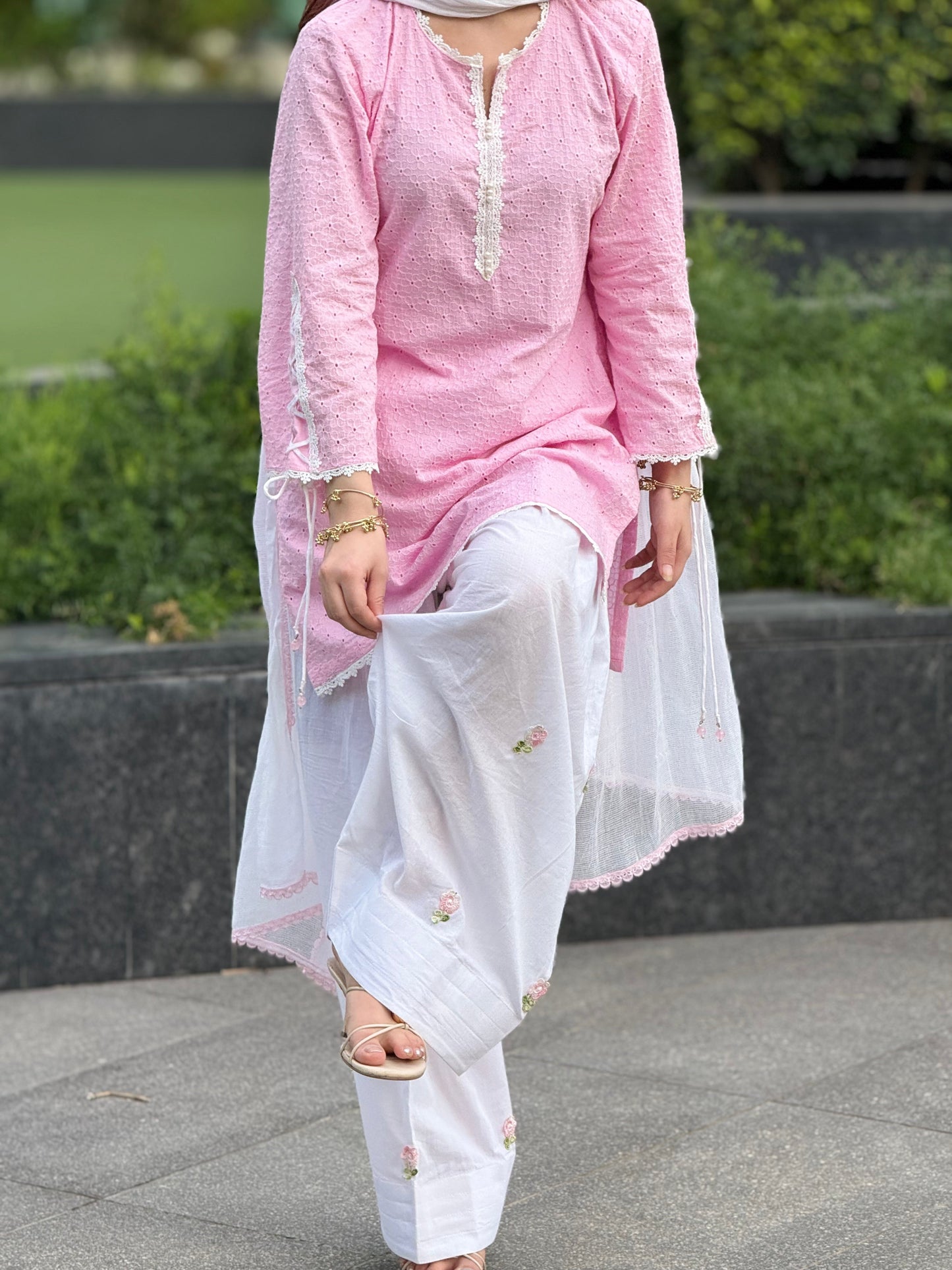 Meher Noor  Pink Chikankari Farshi Suit Set