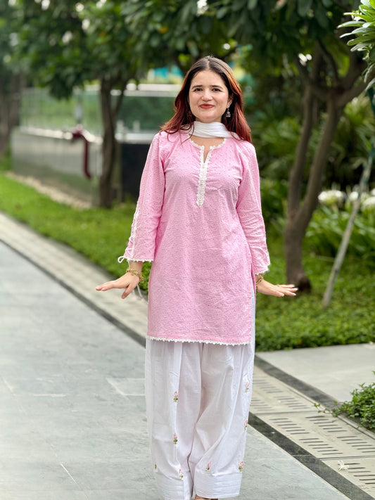 Meher Noor  Pink Chikankari Farshi Suit Set