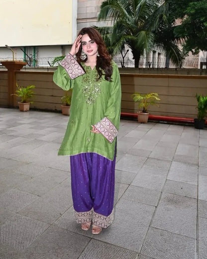 Haya Green Mukaish Hand embroidered Set