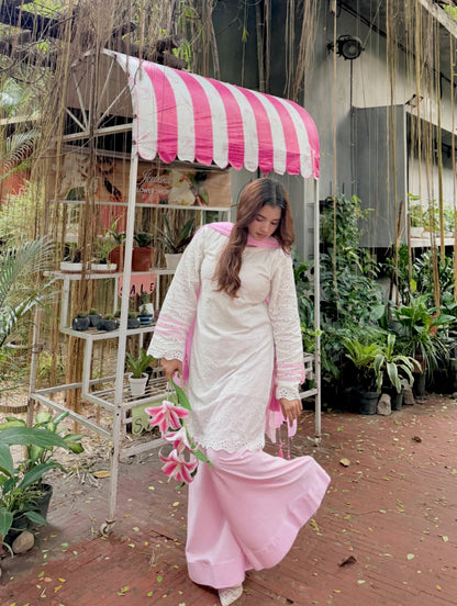 Blush Pink Chikankari Cotton Kurta with Palazzo & Dupatta