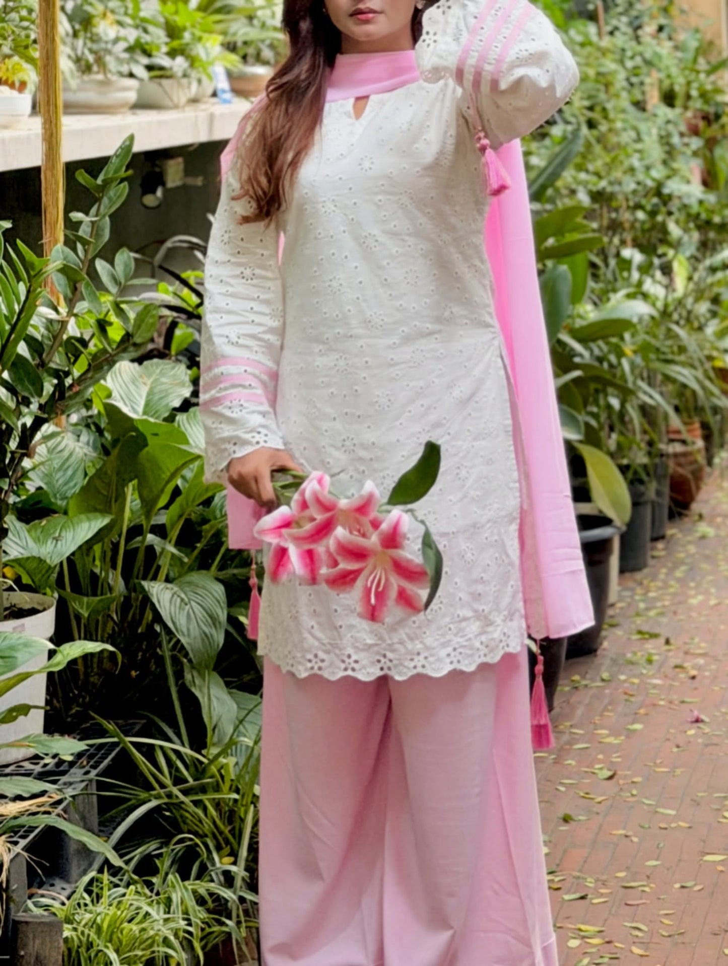 Blush Pink Chikankari Cotton Kurta with Palazzo & Dupatta