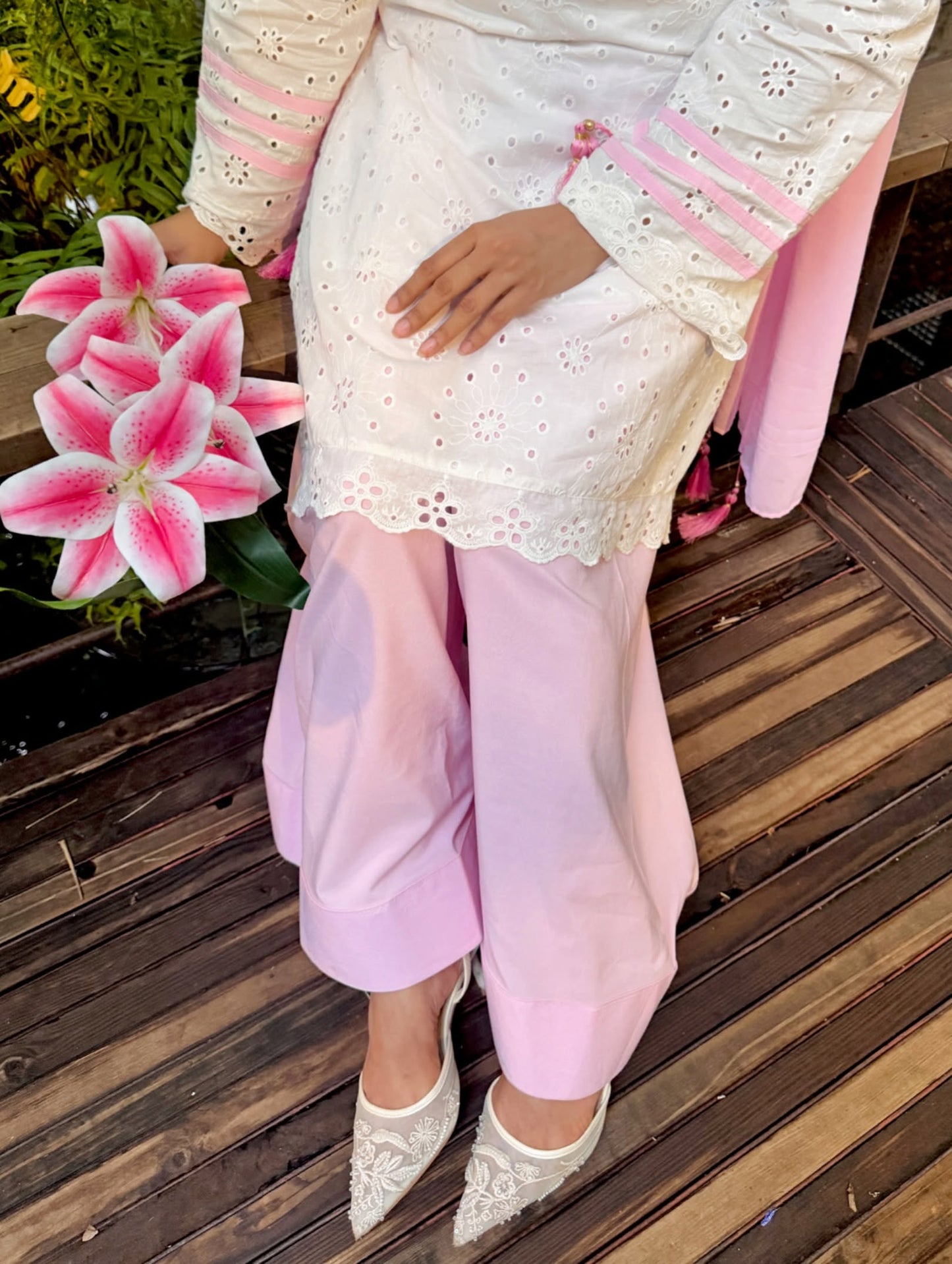 Blush Pink Chikankari Cotton Kurta with Palazzo & Dupatta