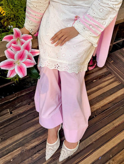 Blush Pink Chikankari Cotton Kurta with Palazzo & Dupatta