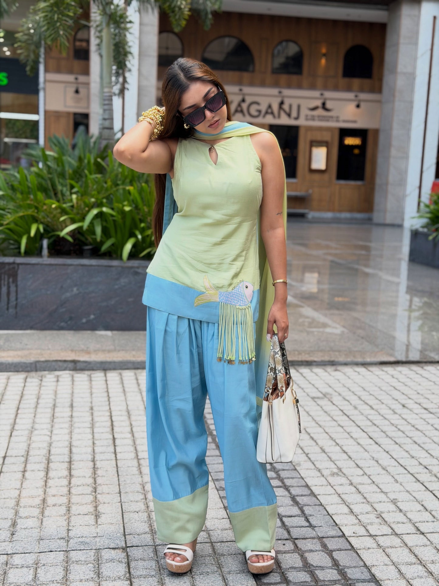 Aurevia Mint & Sky Blue Fusion Sharara Set