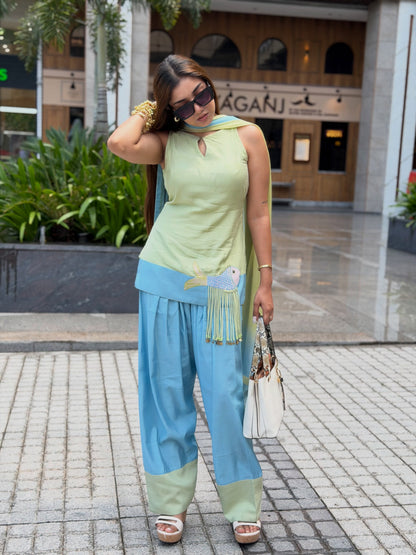 Aurevia Mint & Sky Blue Fusion Sharara Set