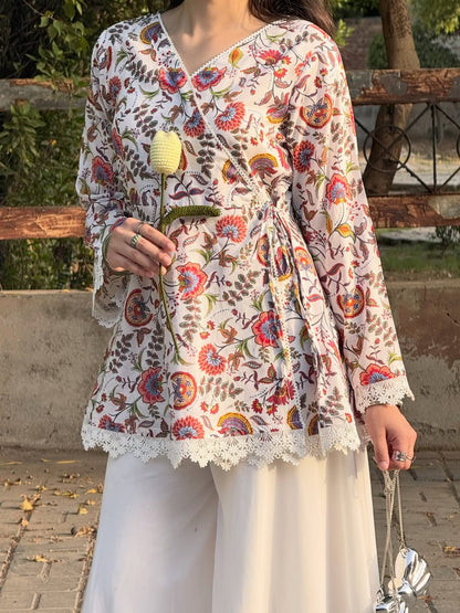 Rumisha Floral Wrap Kurti & White Farshi Palazzo Set