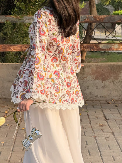 Rumisha Floral Wrap Kurti & White Farshi Palazzo Set