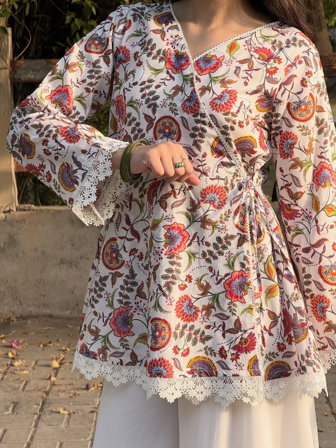 Rumisha Floral Wrap Kurti & White Farshi Palazzo Set