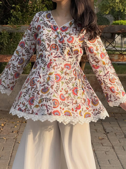 Rumisha Floral Wrap Kurti & White Farshi Palazzo Set