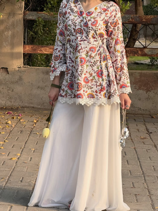 Rumisha Floral Wrap Kurti & White Farshi Palazzo Set