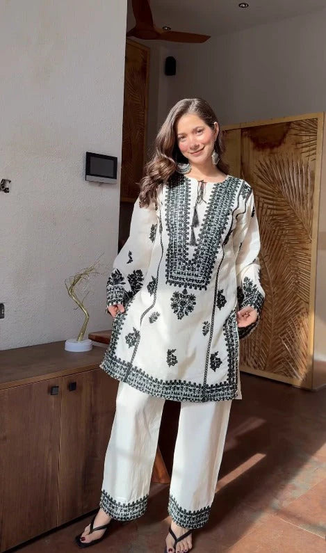 Aarika Ivory Black Embroidered Cotton Kurta Set