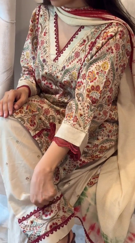 Misha Cream Paisley Printed Cotton Kurta Set