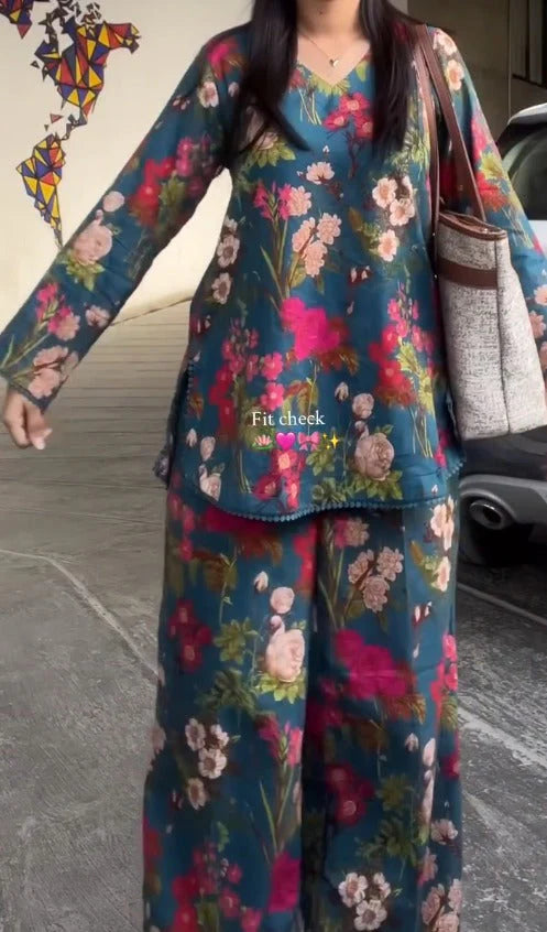 Luxury Blue Floral Kurta Palazzo Co-Ord Set