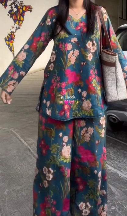 Luxury Blue Floral Kurta Palazzo Co-Ord Set