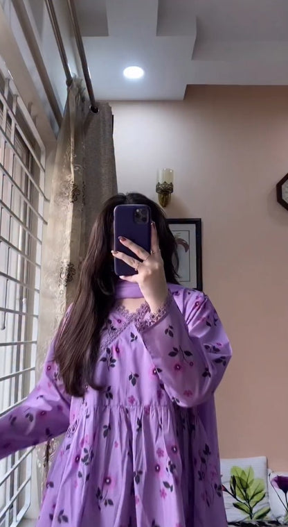 Lilac Floral Printed Cotton Peplum 3-Piece Kurta Set