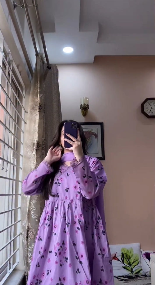 Lilac Floral Printed Cotton Peplum 3-Piece Kurta Set