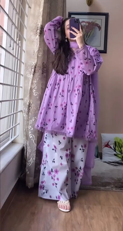 Lilac Floral Printed Cotton Peplum 3-Piece Kurta Set