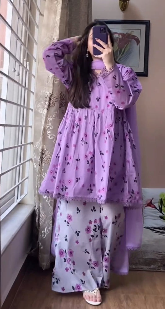 Lilac Floral Printed Cotton Peplum 3-Piece Kurta Set