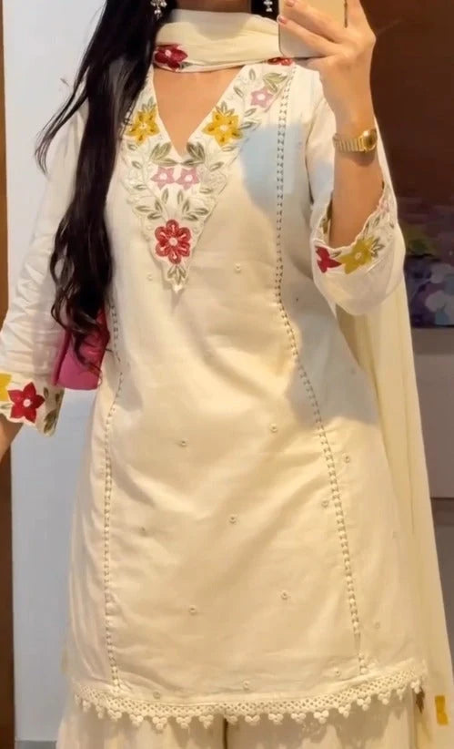 Elegant White Floral Embroidered Ethnic Suit Set