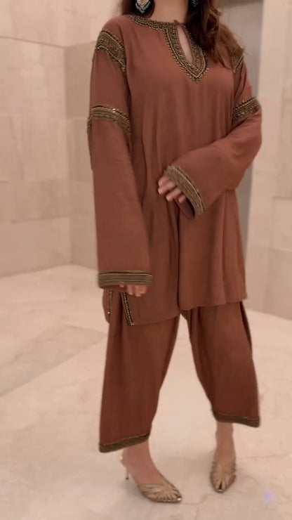 Mocha Embellished Kurta Pant Co-Ord Set