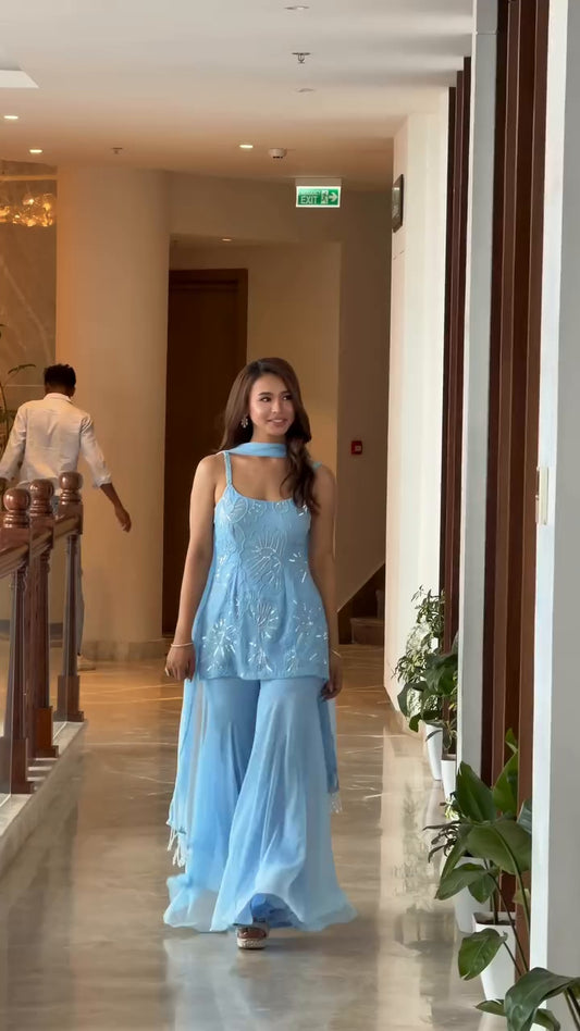 Elara Sky Blue Embroidered Kurta Palazzo Set