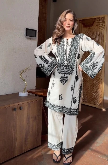 Aarika Ivory Black Embroidered Cotton Kurta Set